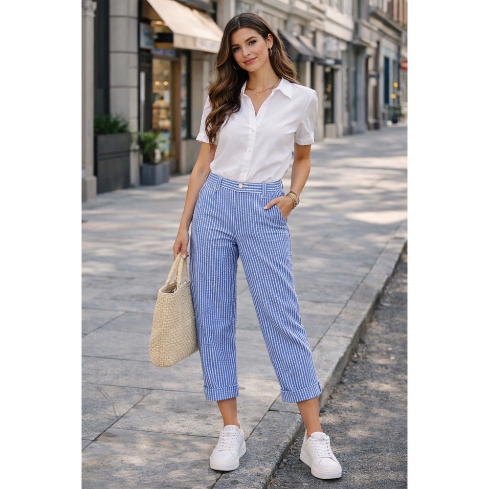 Talbots Pants Women's Size 10 Blue-White Seersucker Striped Perfect Cropped